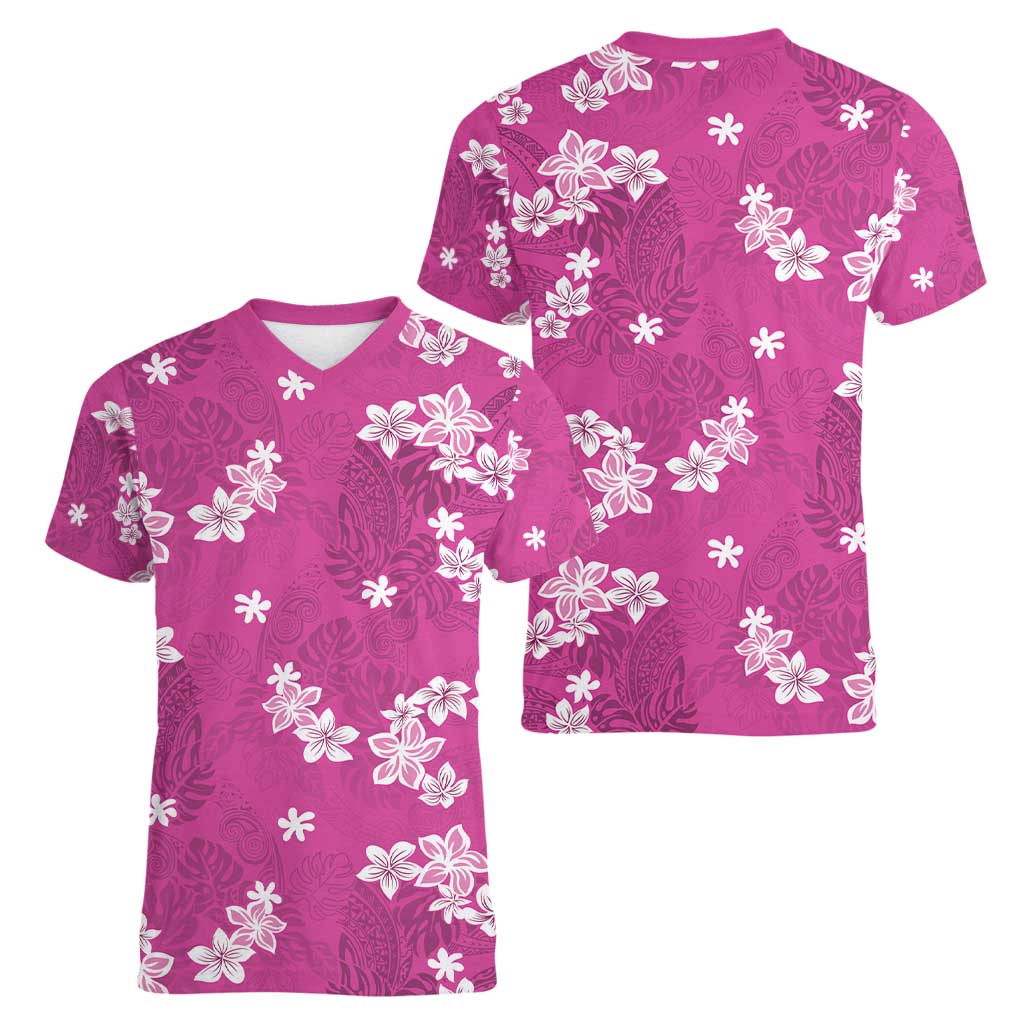 Hawaii Monstera Deliciosa Women V-Neck T-Shirt Pink Plumeria Polynesian Pattern - Polynesian Pride