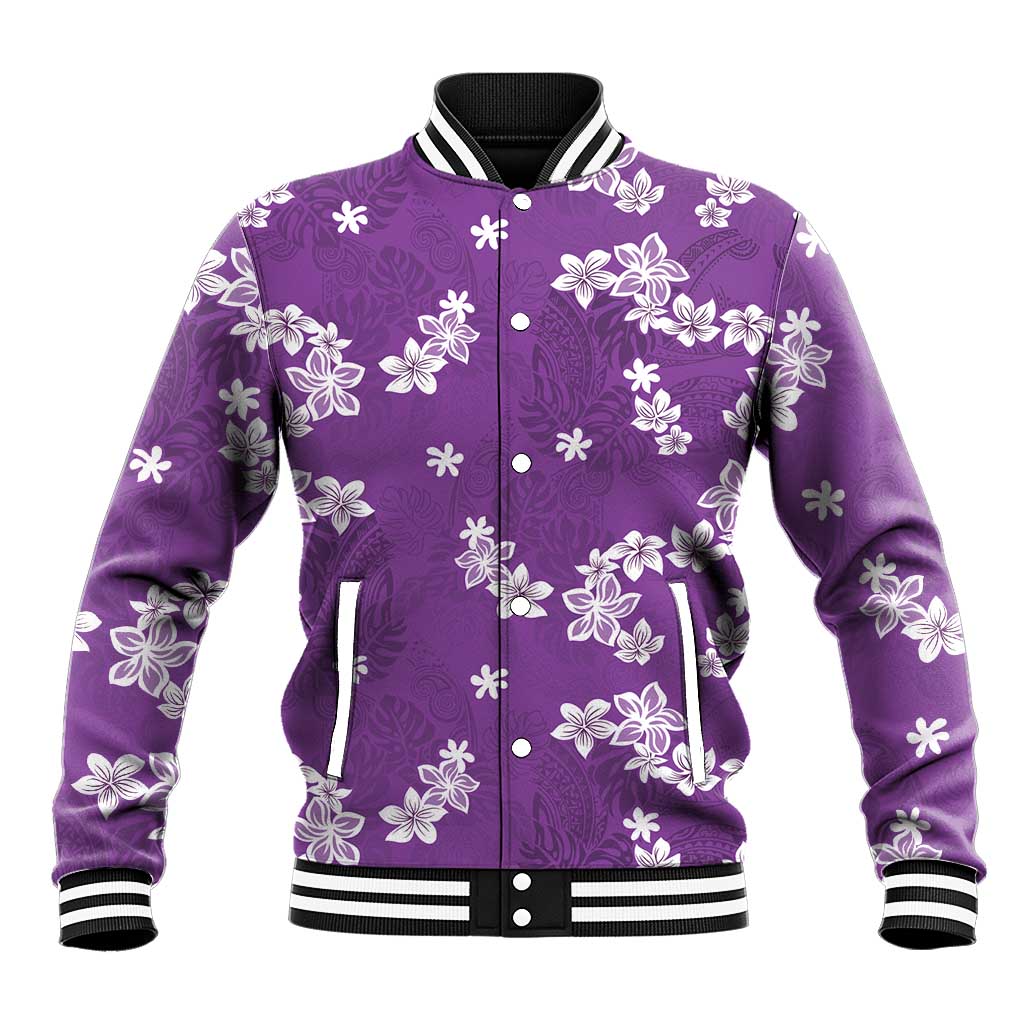 Hawaii Monstera Deliciosa Baseball Jacket Purple Plumeria Polynesian Pattern - Polynesian Pride