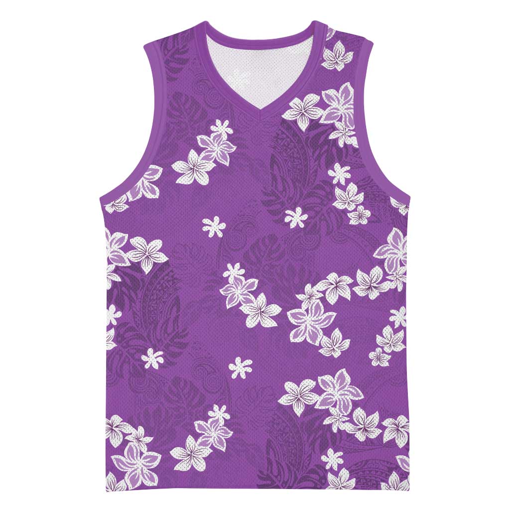 Hawaii Monstera Deliciosa Basketball Jersey Purple Plumeria Polynesian Pattern - Polynesian Pride