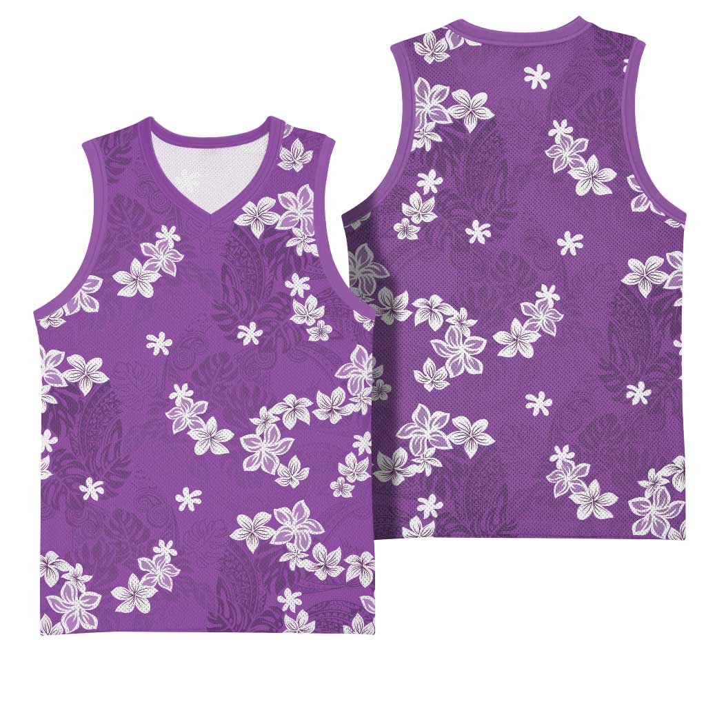 Hawaii Monstera Deliciosa Basketball Jersey Purple Plumeria Polynesian Pattern - Polynesian Pride