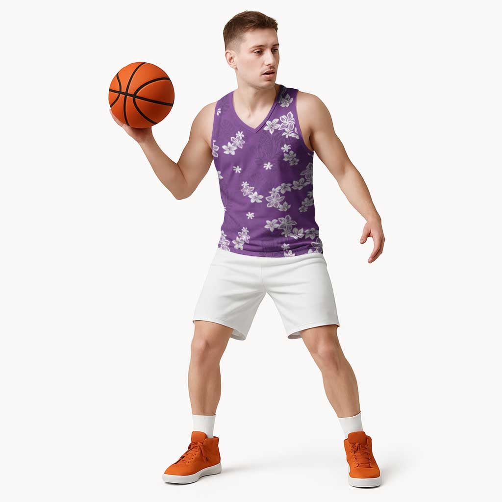 Hawaii Monstera Deliciosa Basketball Jersey Purple Plumeria Polynesian Pattern - Polynesian Pride