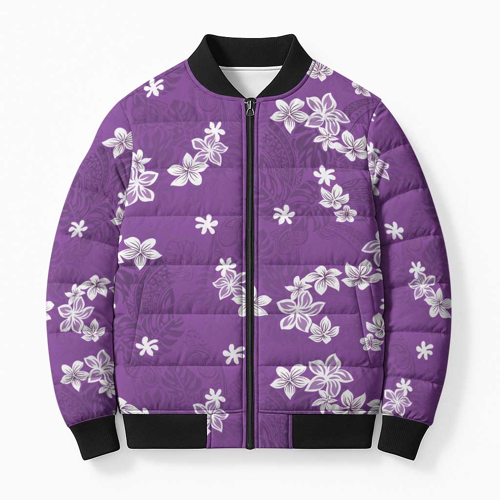 Hawaii Monstera Deliciosa Bomber Puffer Jacket Purple Plumeria Polynesian Pattern - Polynesian Pride