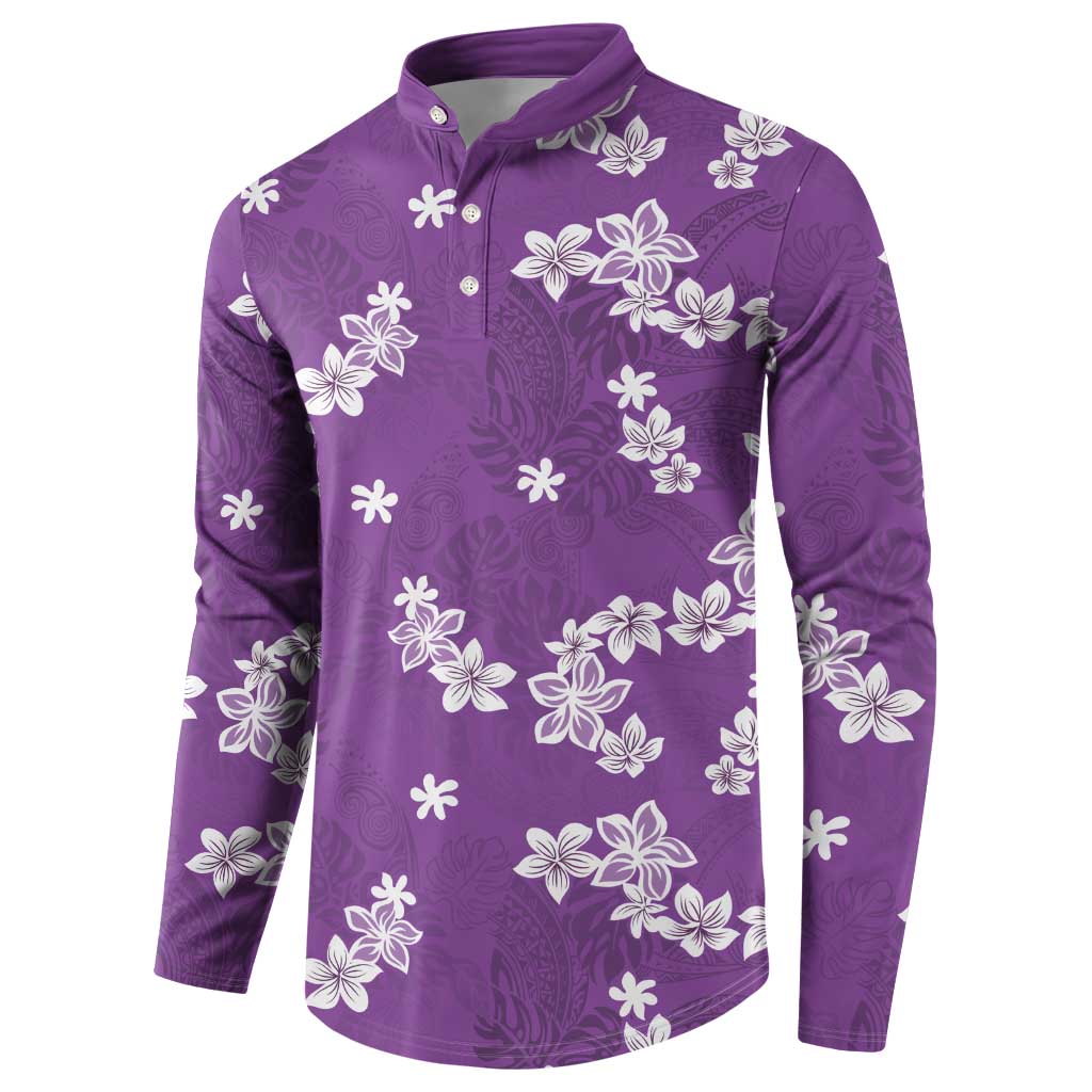 Hawaii Monstera Deliciosa Button Sweatshirt Purple Plumeria Polynesian Pattern - Polynesian Pride