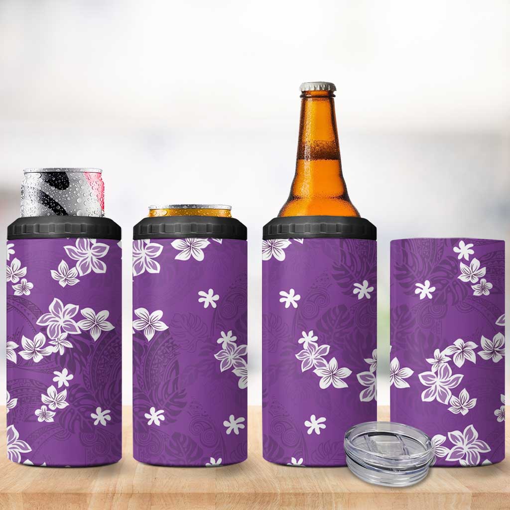 Hawaii Monstera Deliciosa 4 in 1 Can Cooler Tumbler Purple Plumeria Polynesian Pattern - Polynesian Pride