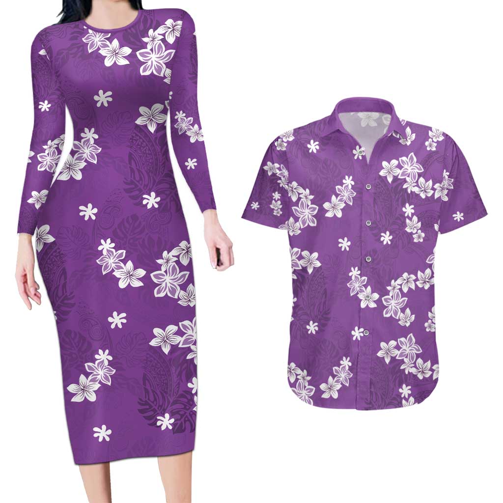 Hawaii Monstera Deliciosa Couples Matching Long Sleeve Bodycon Dress and Hawaiian Shirt Purple Plumeria Polynesian Pattern - Polynesian Pride