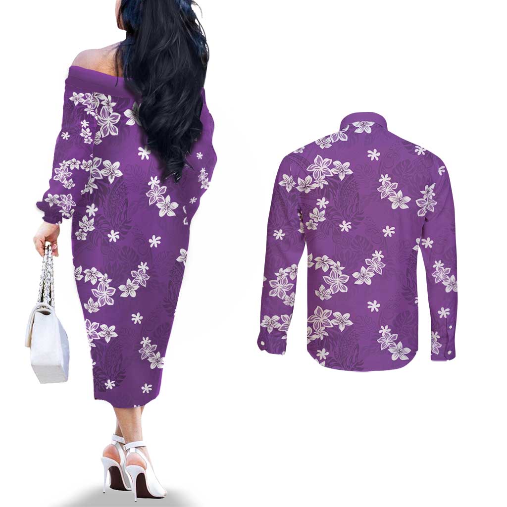 Hawaii Monstera Deliciosa Couples Matching Off The Shoulder Long Sleeve Dress and Long Sleeve Button Shirt Purple Plumeria Polynesian Pattern - Polynesian Pride