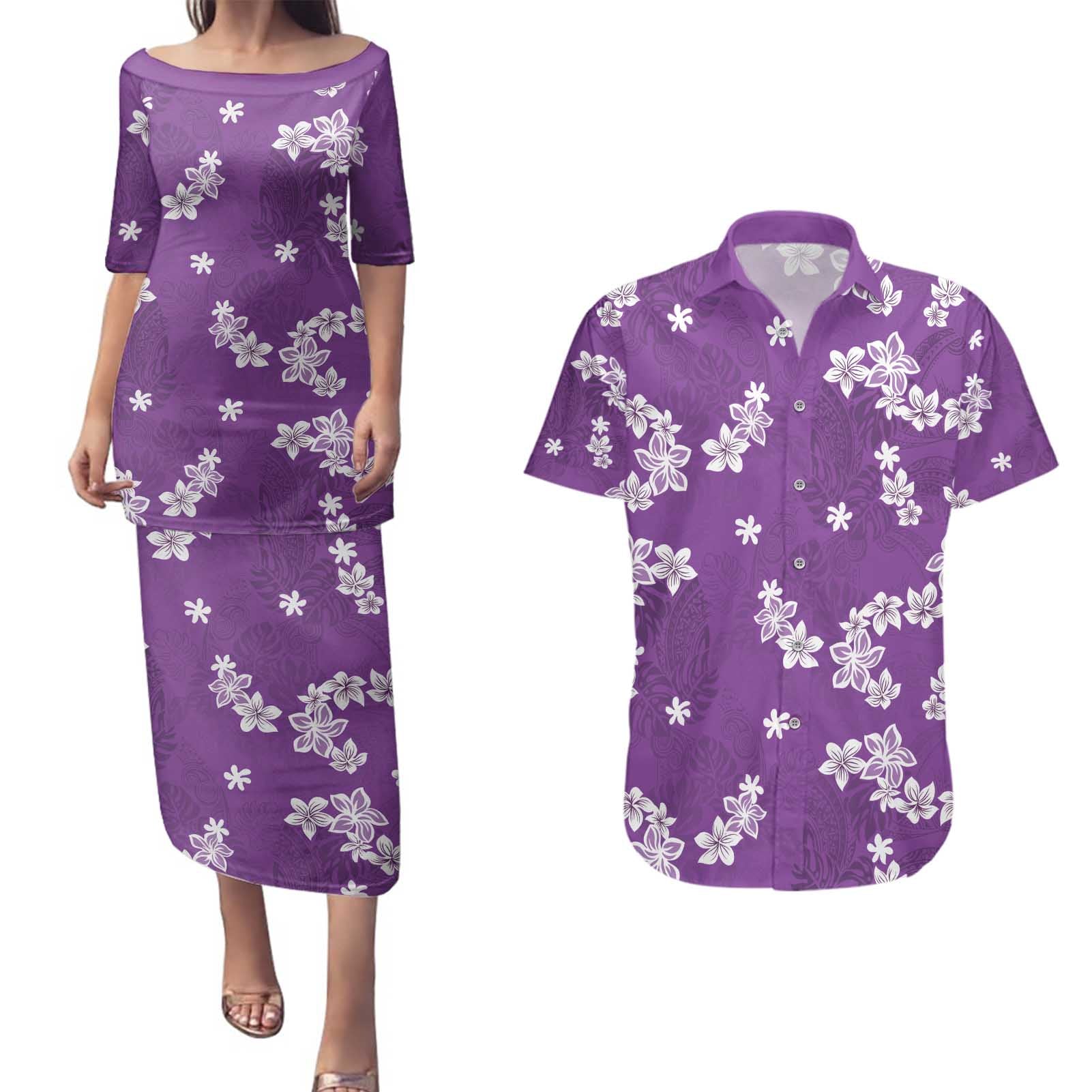 Hawaii Monstera Deliciosa Couples Matching Puletasi and Hawaiian Shirt Purple Plumeria Polynesian Pattern - Polynesian Pride