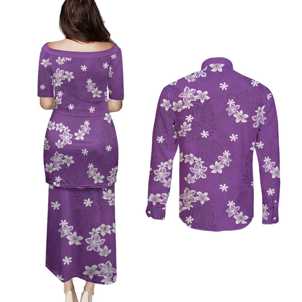 Hawaii Monstera Deliciosa Couples Matching Puletasi and Long Sleeve Button Shirt Purple Plumeria Polynesian Pattern - Polynesian Pride