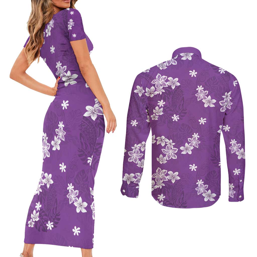 Hawaii Monstera Deliciosa Couples Matching Short Sleeve Bodycon Dress and Long Sleeve Button Shirt Purple Plumeria Polynesian Pattern - Polynesian Pride