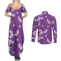 Hawaii Monstera Deliciosa Couples Matching Summer Maxi Dress and Long Sleeve Button Shirt Purple Plumeria Polynesian Pattern - Polynesian Pride