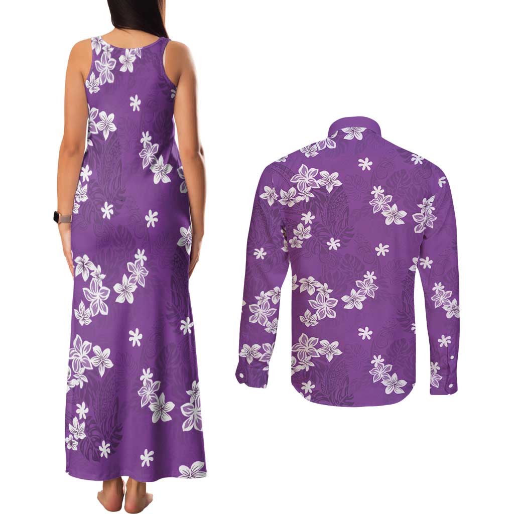 Hawaii Monstera Deliciosa Couples Matching Tank Maxi Dress and Long Sleeve Button Shirt Purple Plumeria Polynesian Pattern - Polynesian Pride