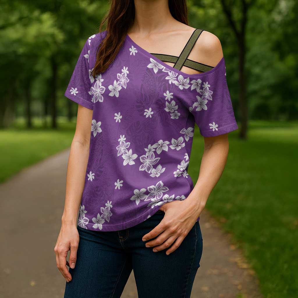 Hawaii Monstera Deliciosa Cross Shoulder Shirt Purple Plumeria Polynesian Pattern - Polynesian Pride