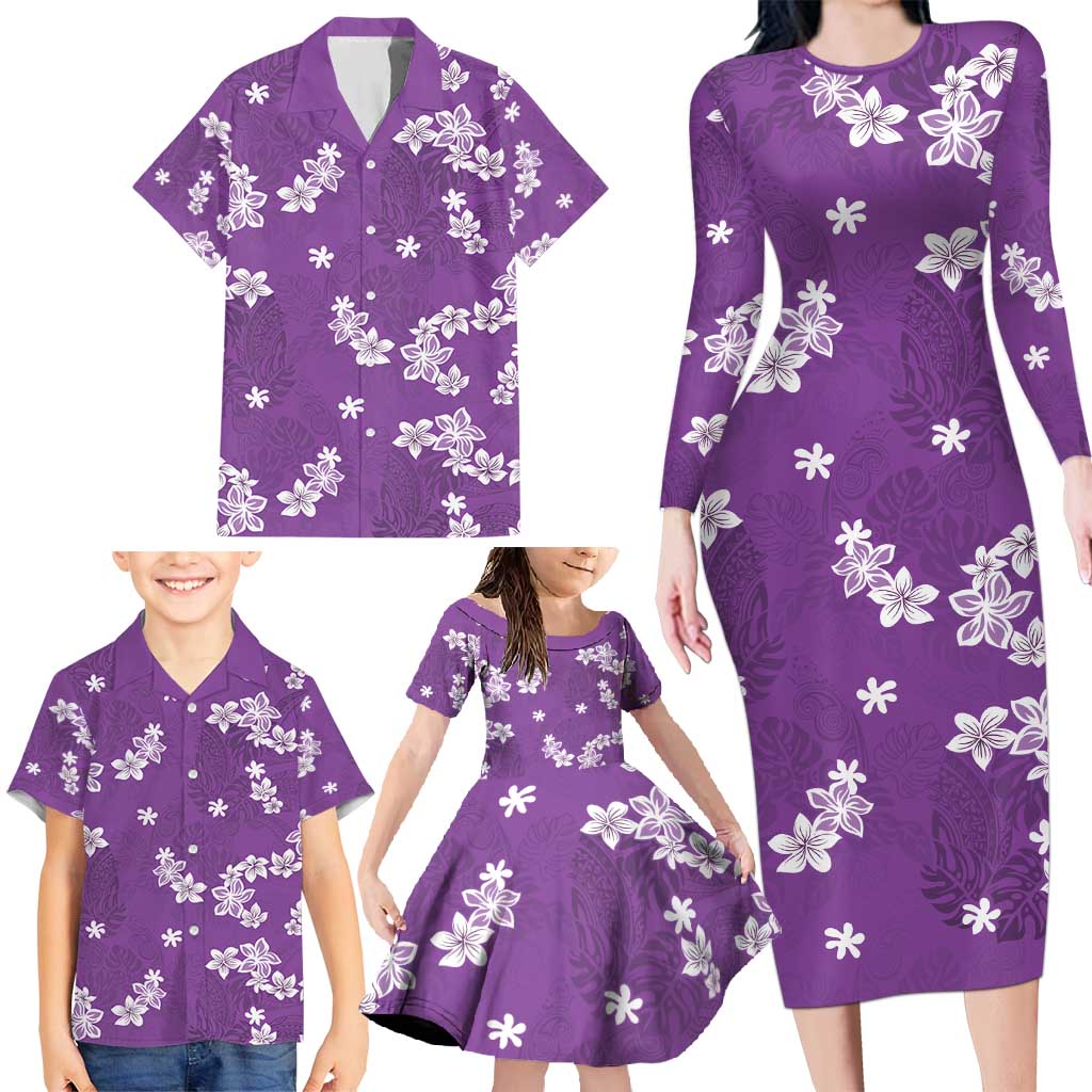 Hawaii Monstera Deliciosa Family Matching Long Sleeve Bodycon Dress and Hawaiian Shirt Purple Plumeria Polynesian Pattern - Polynesian Pride