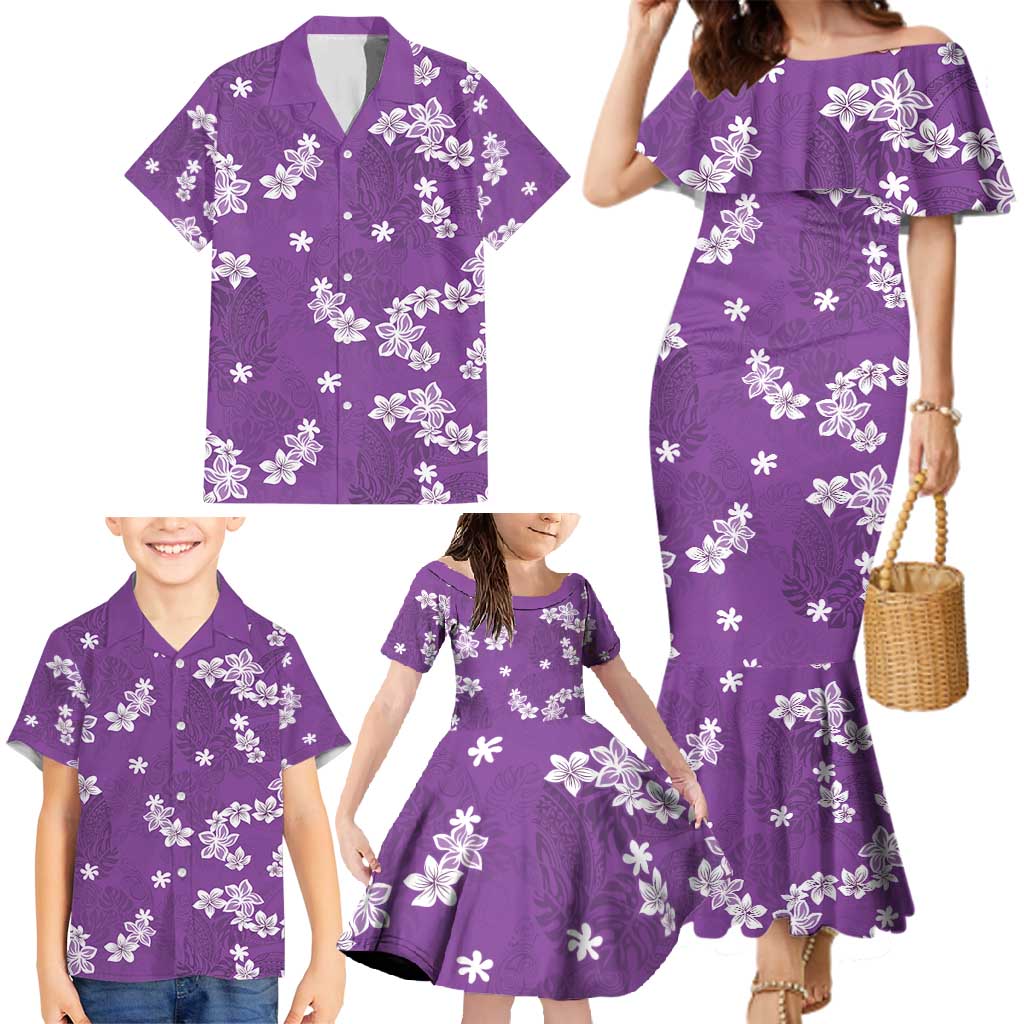 Hawaii Monstera Deliciosa Family Matching Mermaid Dress and Hawaiian Shirt Purple Plumeria Polynesian Pattern - Polynesian Pride