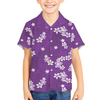 Hawaii Monstera Deliciosa Family Matching Off The Shoulder Long Sleeve Dress and Hawaiian Shirt Purple Plumeria Polynesian Pattern - Polynesian Pride