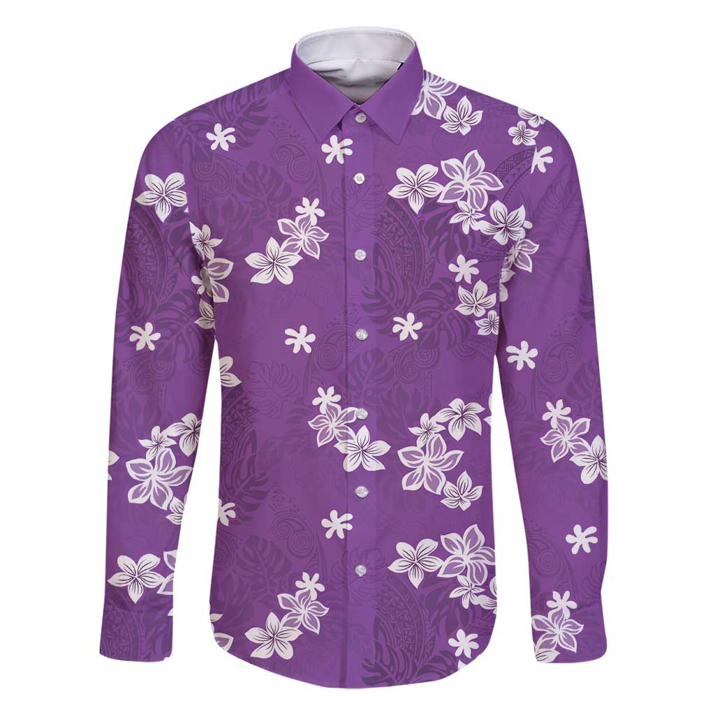 Hawaii Monstera Deliciosa Family Matching Off Shoulder Short Dress and Hawaiian Shirt Purple Plumeria Polynesian Pattern LT05 Dad's Shirt - Long Sleeve Purple - Polynesian Pride