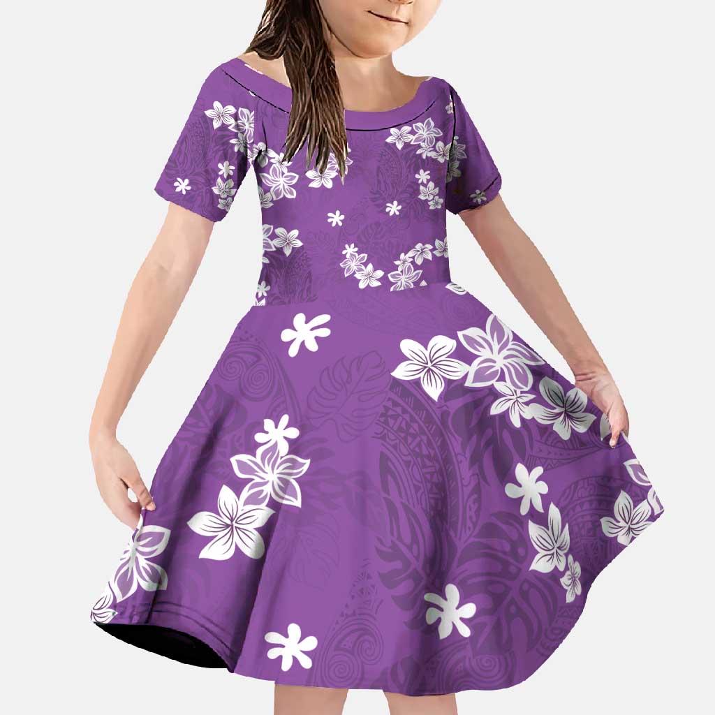 Hawaii Monstera Deliciosa Family Matching Short Sleeve Bodycon Dress and Hawaiian Shirt Purple Plumeria Polynesian Pattern - Polynesian Pride