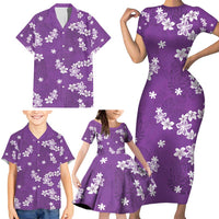 Hawaii Monstera Deliciosa Family Matching Short Sleeve Bodycon Dress and Hawaiian Shirt Purple Plumeria Polynesian Pattern - Polynesian Pride