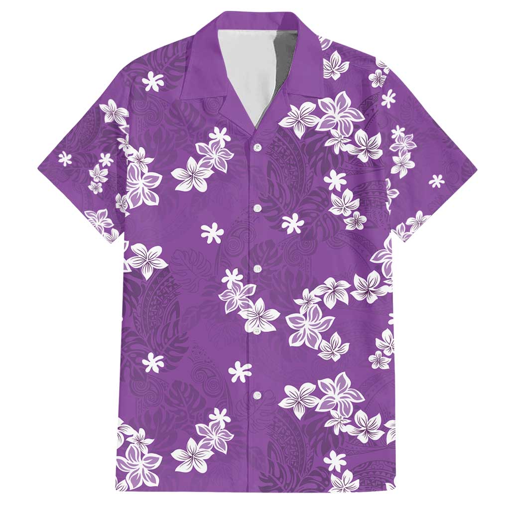 Hawaii Monstera Deliciosa Family Matching Short Sleeve Bodycon Dress and Hawaiian Shirt Purple Plumeria Polynesian Pattern - Polynesian Pride