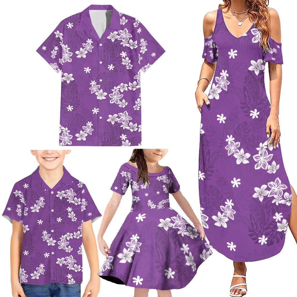 Hawaii Monstera Deliciosa Family Matching Summer Maxi Dress and Hawaiian Shirt Purple Plumeria Polynesian Pattern - Polynesian Pride