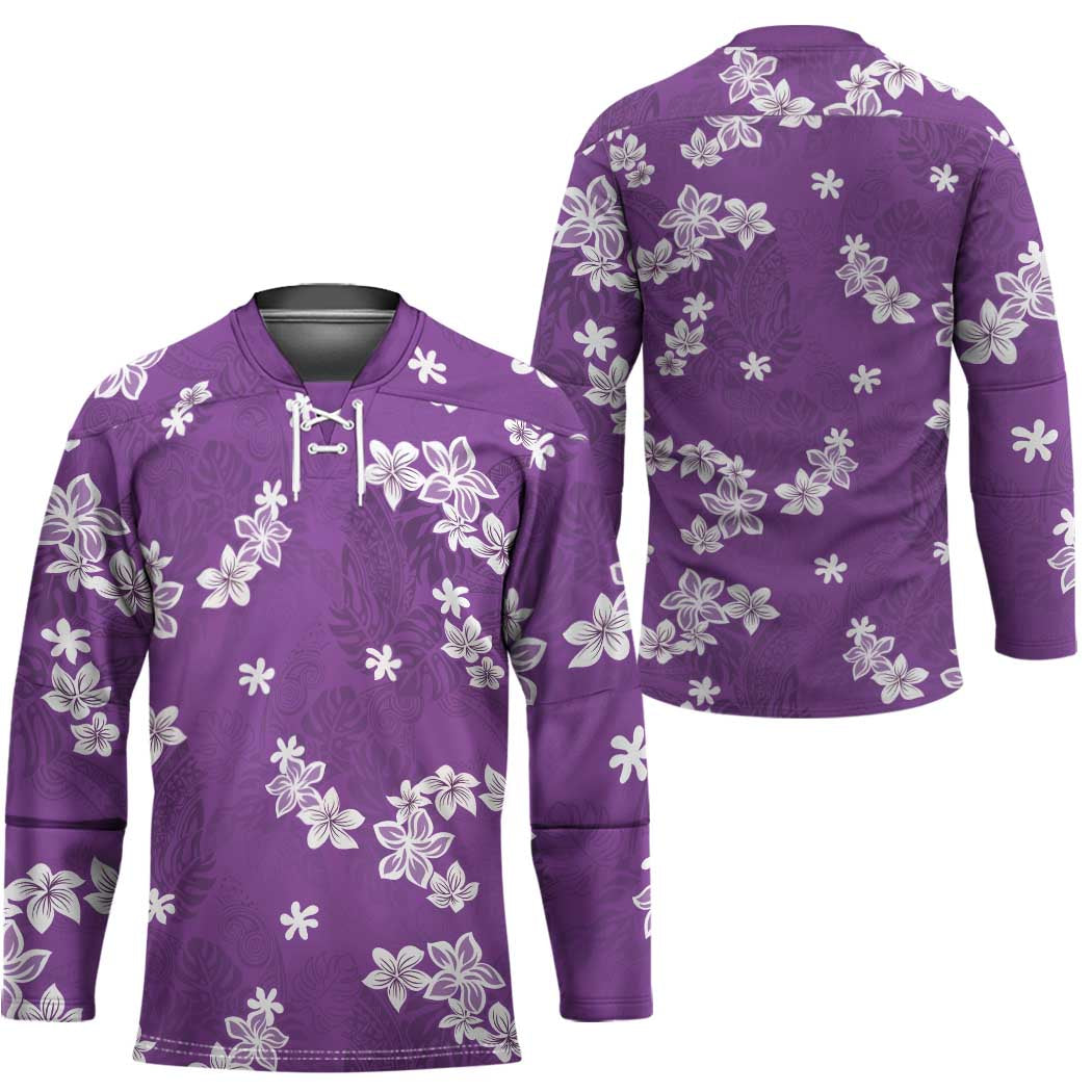 Hawaii Monstera Deliciosa Hockey Jersey Purple Plumeria Polynesian Pattern - Polynesian Pride