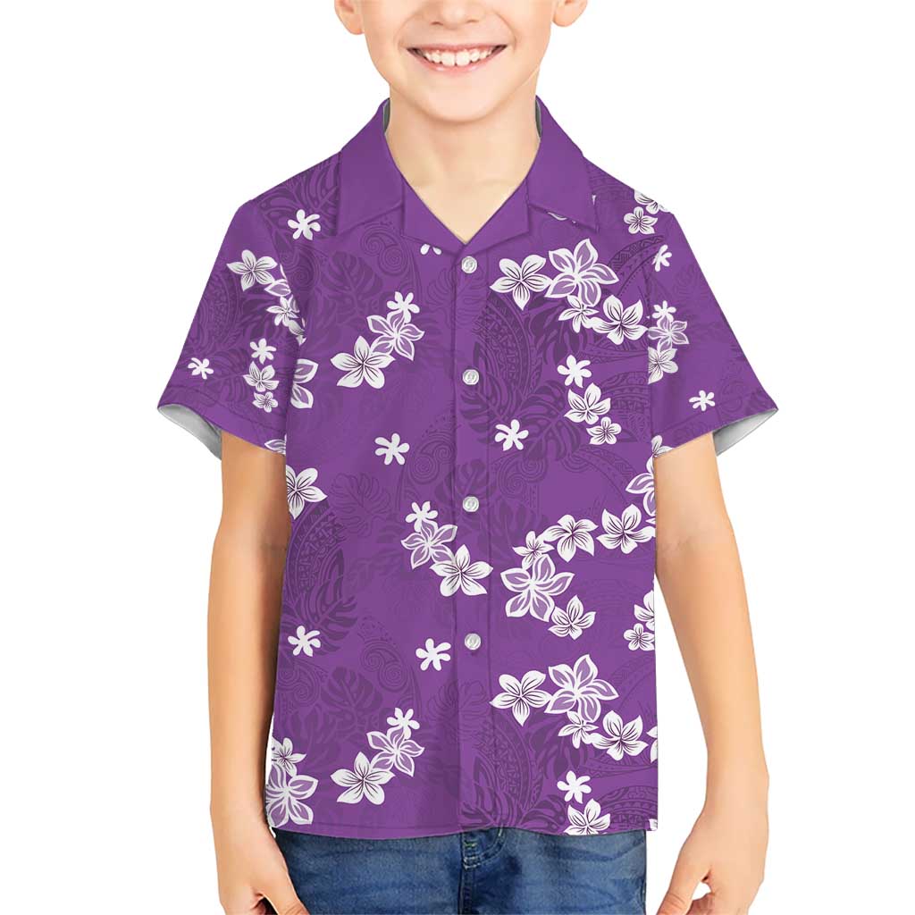 Hawaii Monstera Deliciosa Kid Hawaiian Shirt Purple Plumeria Polynesian Pattern - Polynesian Pride
