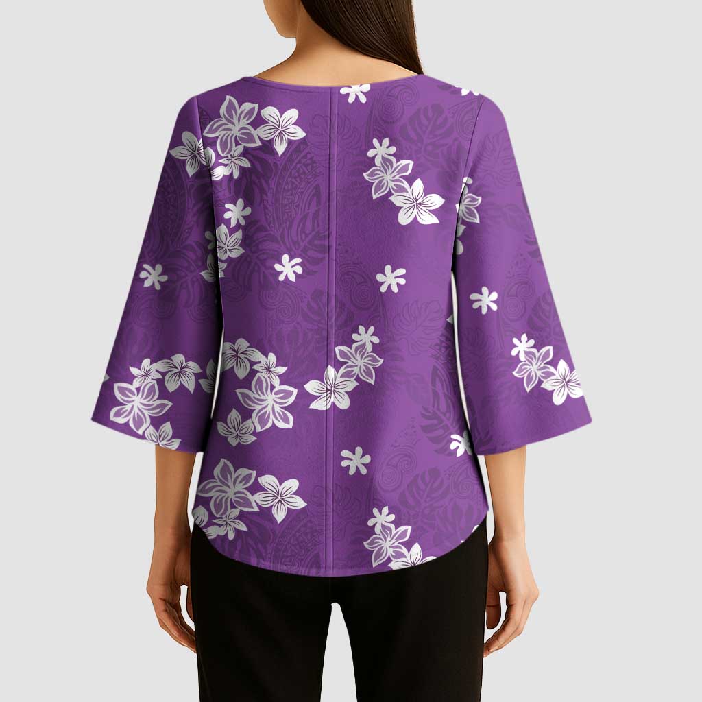 Hawaii Monstera Deliciosa Kimono Sleeve Blouse Purple Plumeria Polynesian Pattern - Polynesian Pride