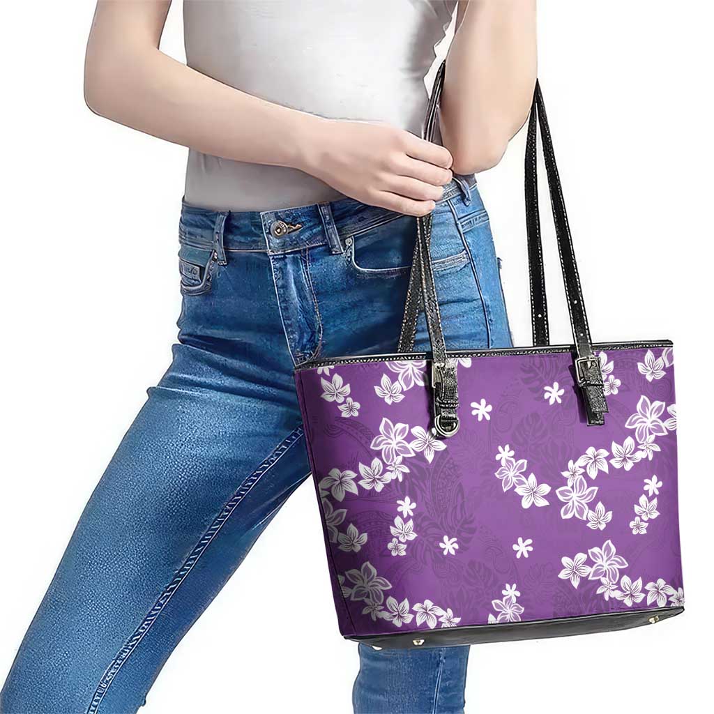 Hawaii Monstera Deliciosa Leather Tote Bag Purple Plumeria Polynesian Pattern - Polynesian Pride