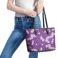 Hawaii Monstera Deliciosa Leather Tote Bag Purple Plumeria Polynesian Pattern - Polynesian Pride