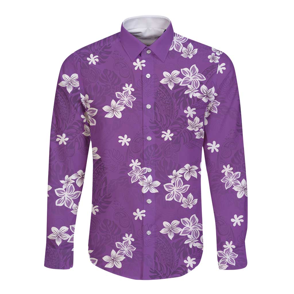 Hawaii Monstera Deliciosa Long Sleeve Button Shirt Purple Plumeria Polynesian Pattern - Polynesian Pride