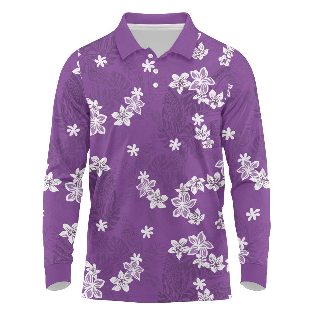 Hawaii Monstera Deliciosa Long Sleeve Polo Shirt Purple Plumeria Polynesian Pattern - Polynesian Pride