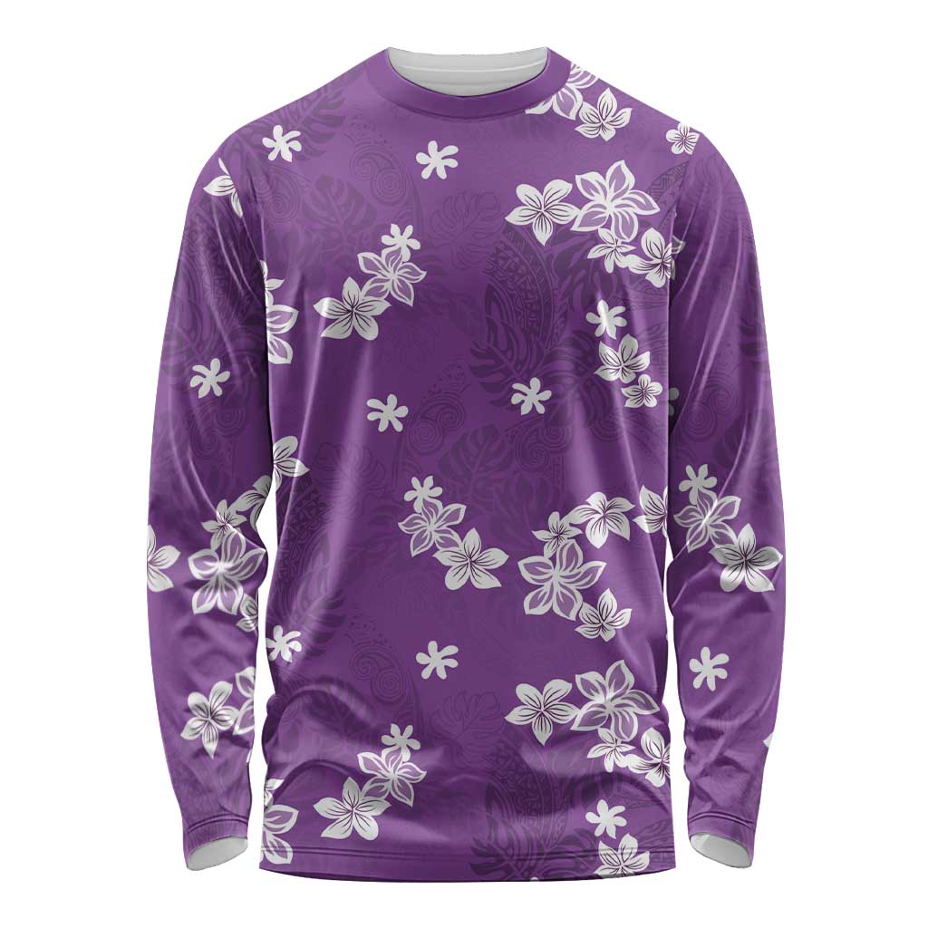 Hawaii Monstera Deliciosa Long Sleeve Shirt Purple Plumeria Polynesian Pattern - Polynesian Pride