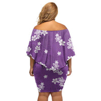 Hawaii Monstera Deliciosa Off Shoulder Short Dress Purple Plumeria Polynesian Pattern - Polynesian Pride