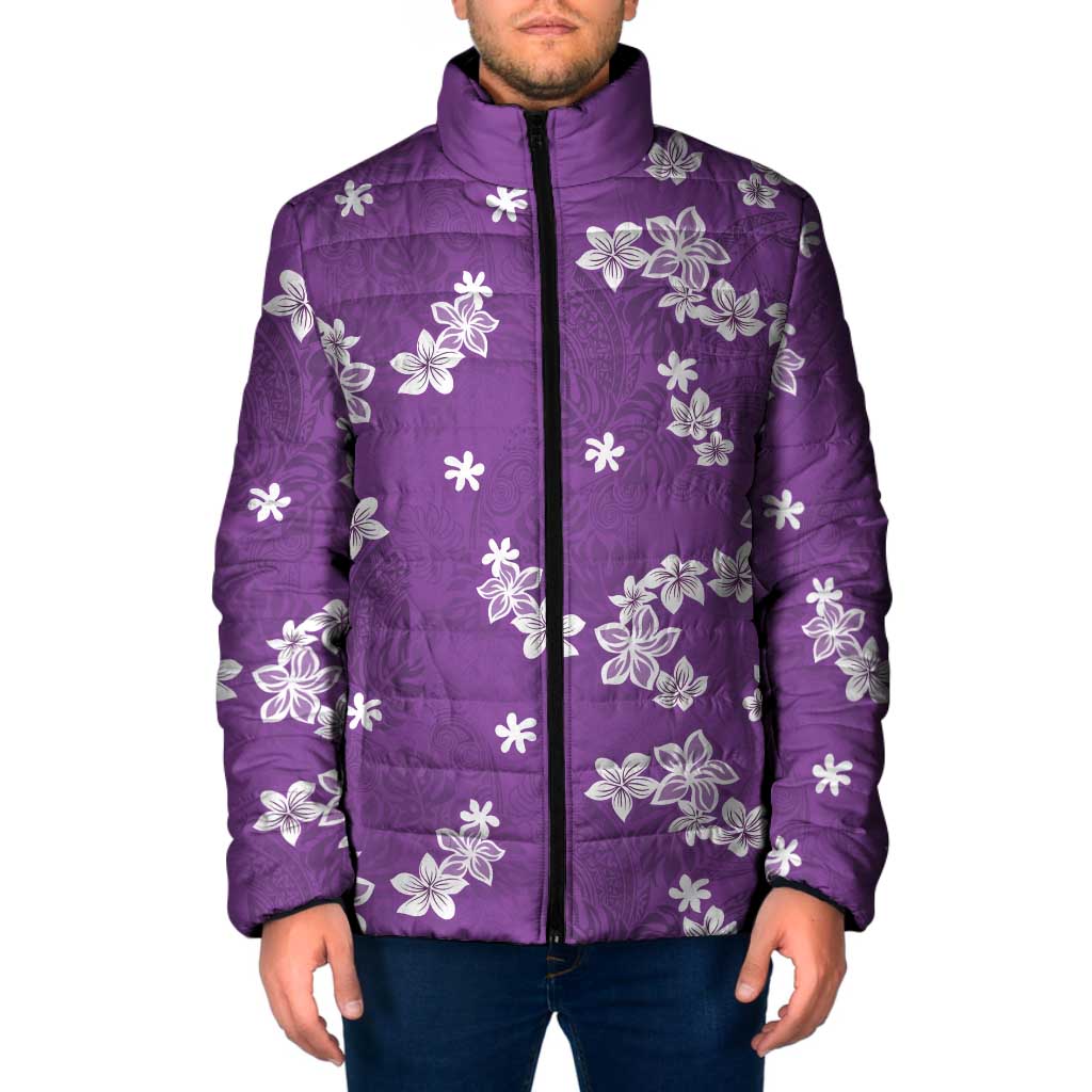 Hawaii Monstera Deliciosa Padded Jacket Purple Plumeria Polynesian Pattern - Polynesian Pride