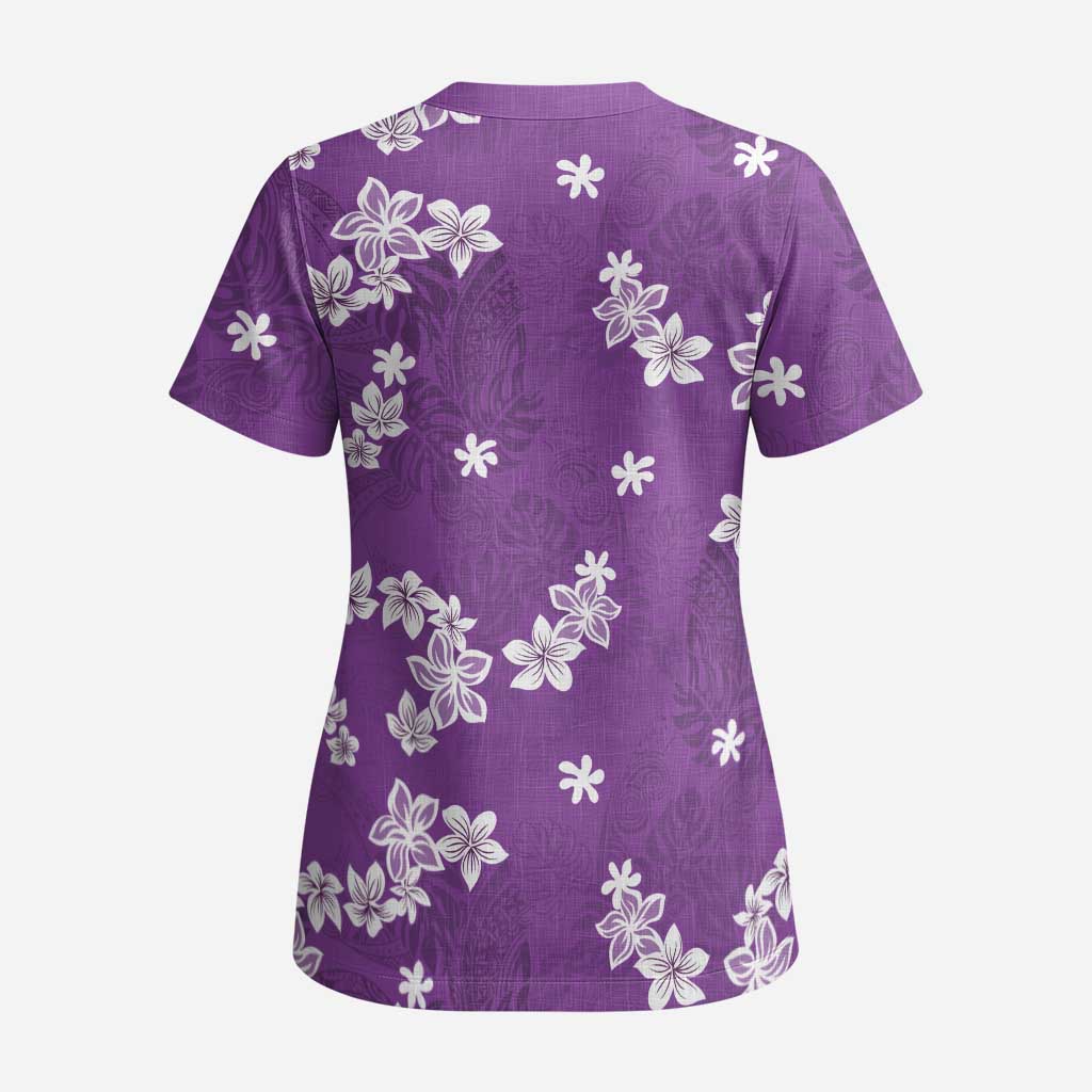 Hawaii Monstera Deliciosa Scrub Top Purple Plumeria Polynesian Pattern LT05 - Polynesian Pride
