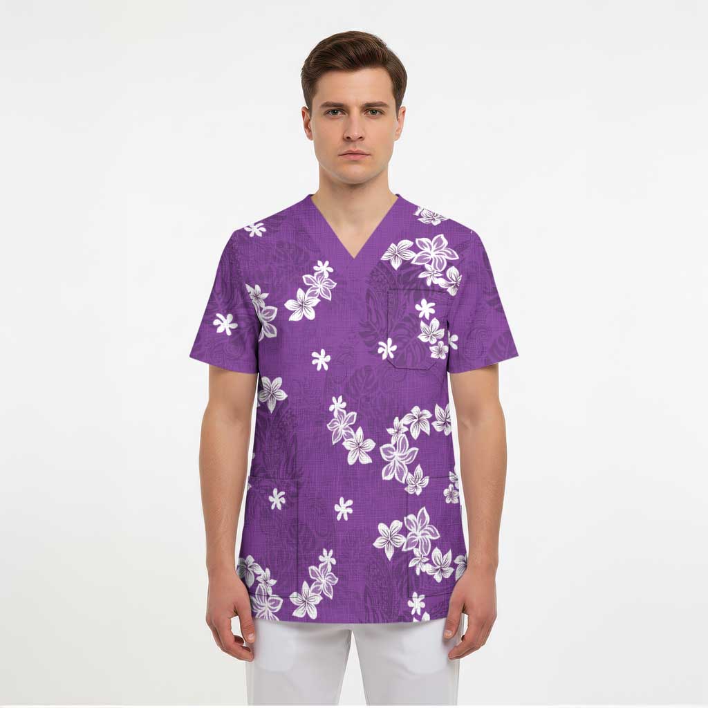 Hawaii Monstera Deliciosa Scrub Top Purple Plumeria Polynesian Pattern LT05 - Polynesian Pride