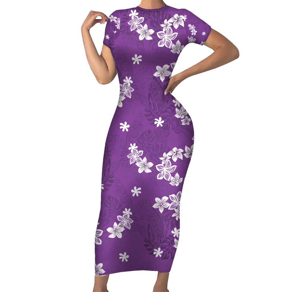 Hawaii Monstera Deliciosa Short Sleeve Bodycon Dress Purple Plumeria Polynesian Pattern - Polynesian Pride