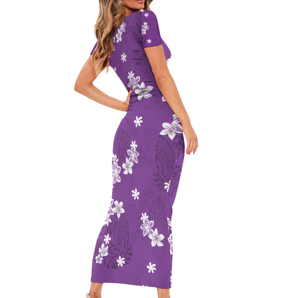 Hawaii Monstera Deliciosa Short Sleeve Bodycon Dress Purple Plumeria Polynesian Pattern LT05 - Polynesian Pride