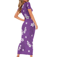Hawaii Monstera Deliciosa Short Sleeve Bodycon Dress Purple Plumeria Polynesian Pattern LT05 - Polynesian Pride