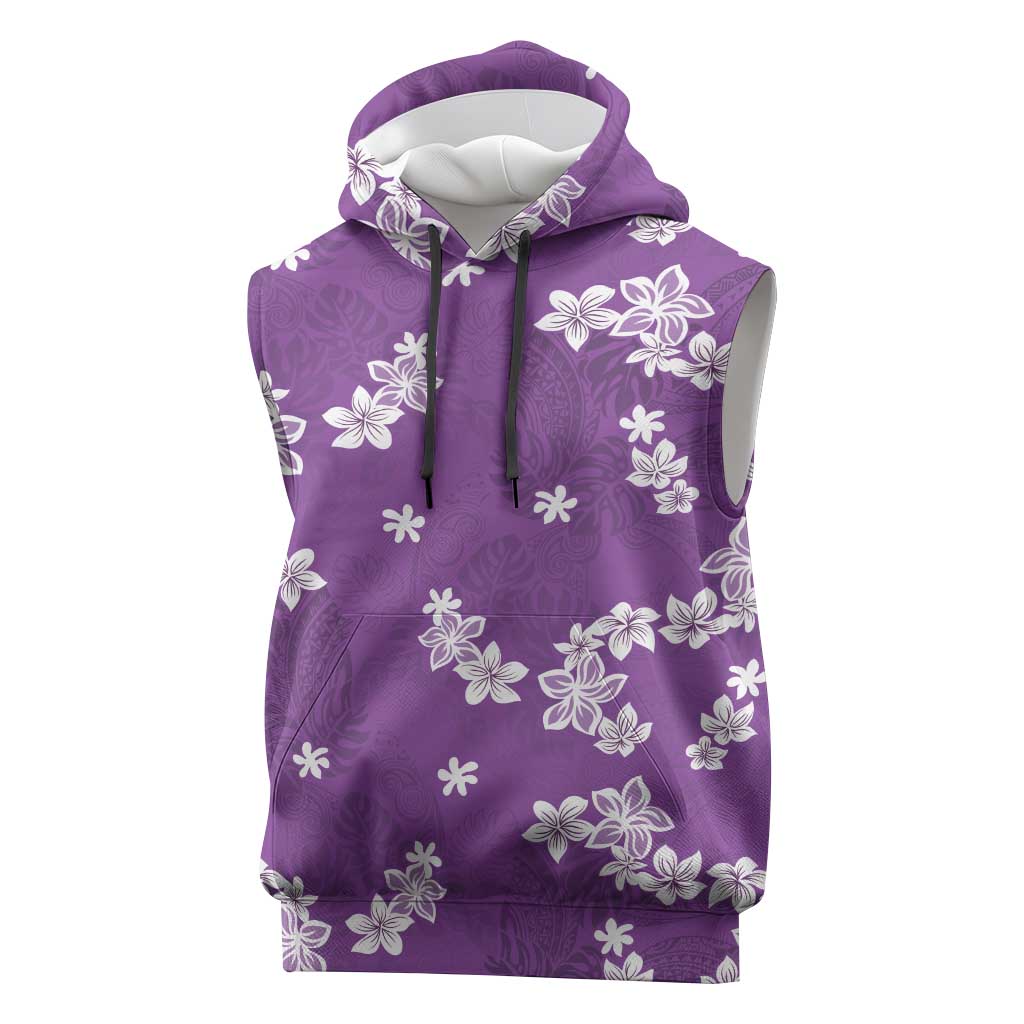 Hawaii Monstera Deliciosa Sleeveless Hoodie Purple Plumeria Polynesian Pattern - Polynesian Pride