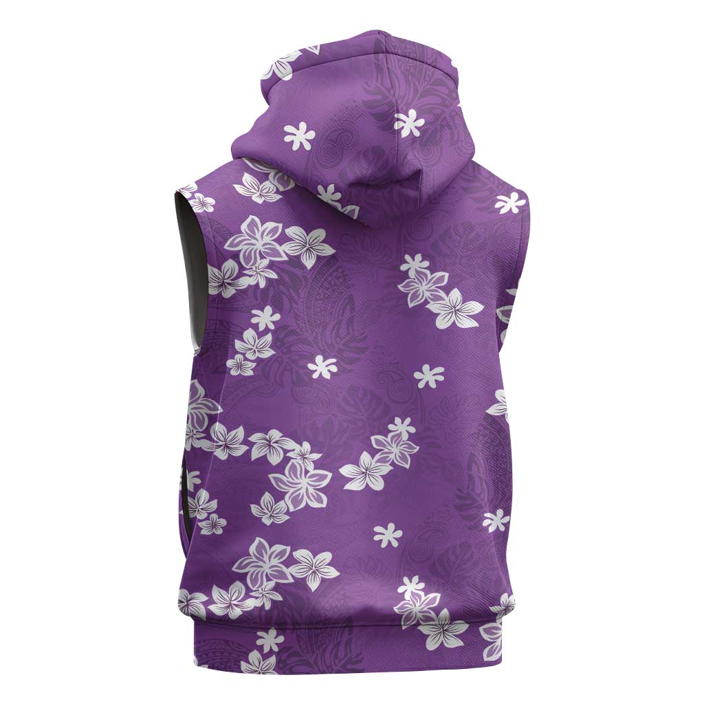 Hawaii Monstera Deliciosa Sleeveless Hoodie Purple Plumeria Polynesian Pattern - Polynesian Pride