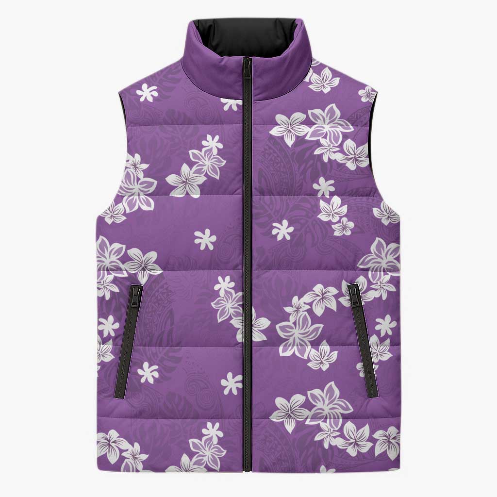 Hawaii Monstera Deliciosa Sleeveless Puffer Jacket Purple Plumeria Polynesian Pattern - Polynesian Pride