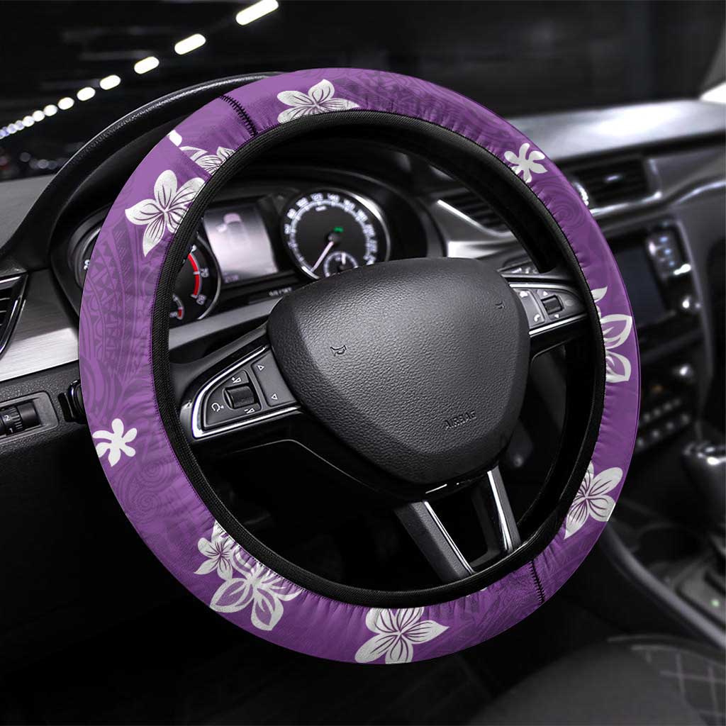 Hawaii Monstera Deliciosa Steering Wheel Cover Purple Plumeria Polynesian Pattern - Polynesian Pride
