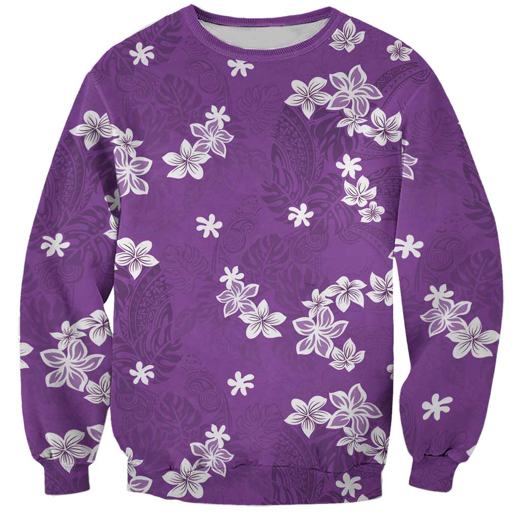Hawaii Monstera Deliciosa Sweatshirt Purple Plumeria Polynesian Pattern - Polynesian Pride