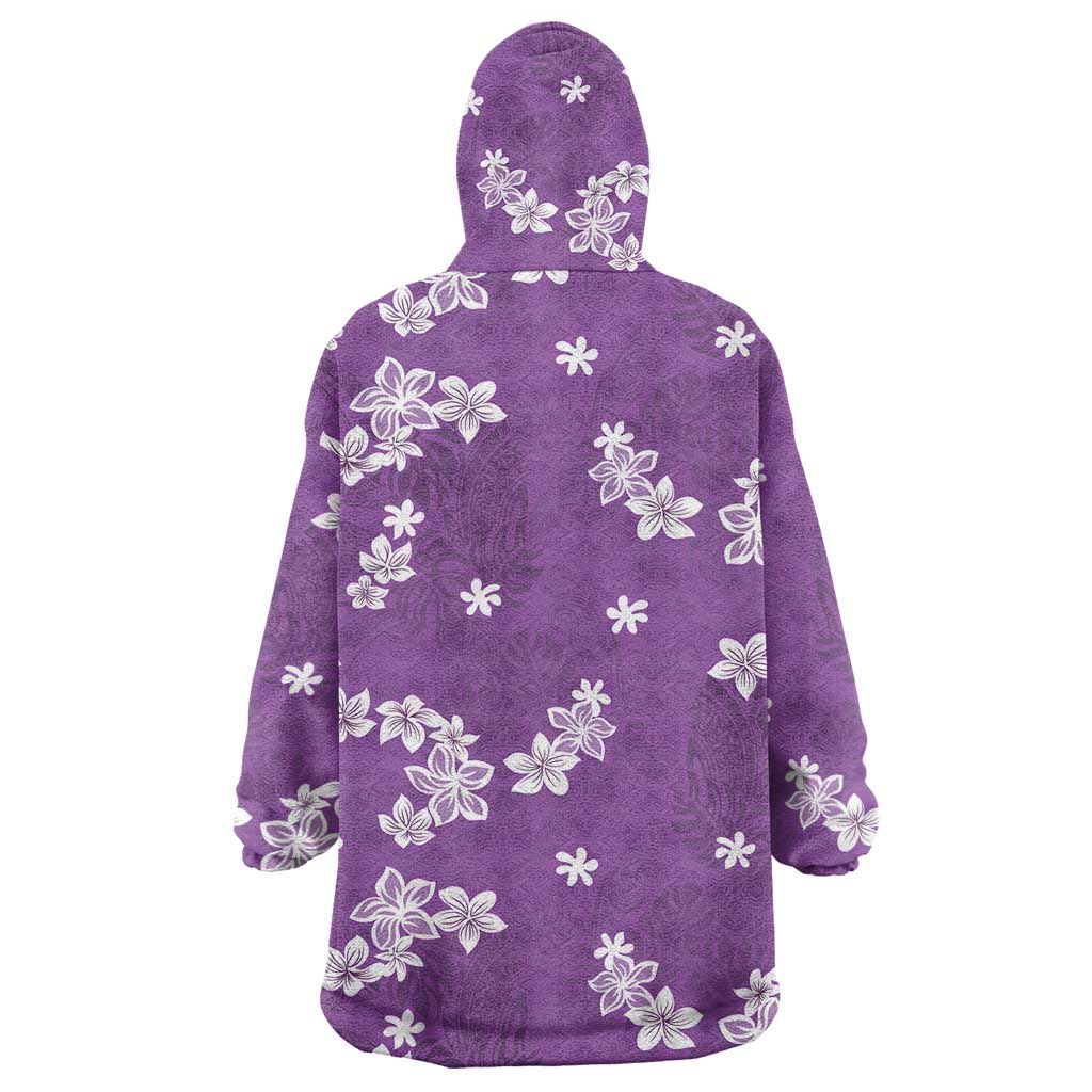 Hawaii Monstera Deliciosa Wearable Blanket Hoodie Purple Plumeria Polynesian Pattern - Polynesian Pride