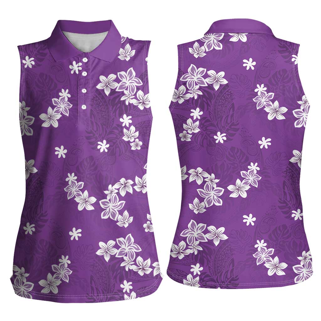 Hawaii Monstera Deliciosa Women Sleeveless Polo Shirt Purple Plumeria Polynesian Pattern - Polynesian Pride