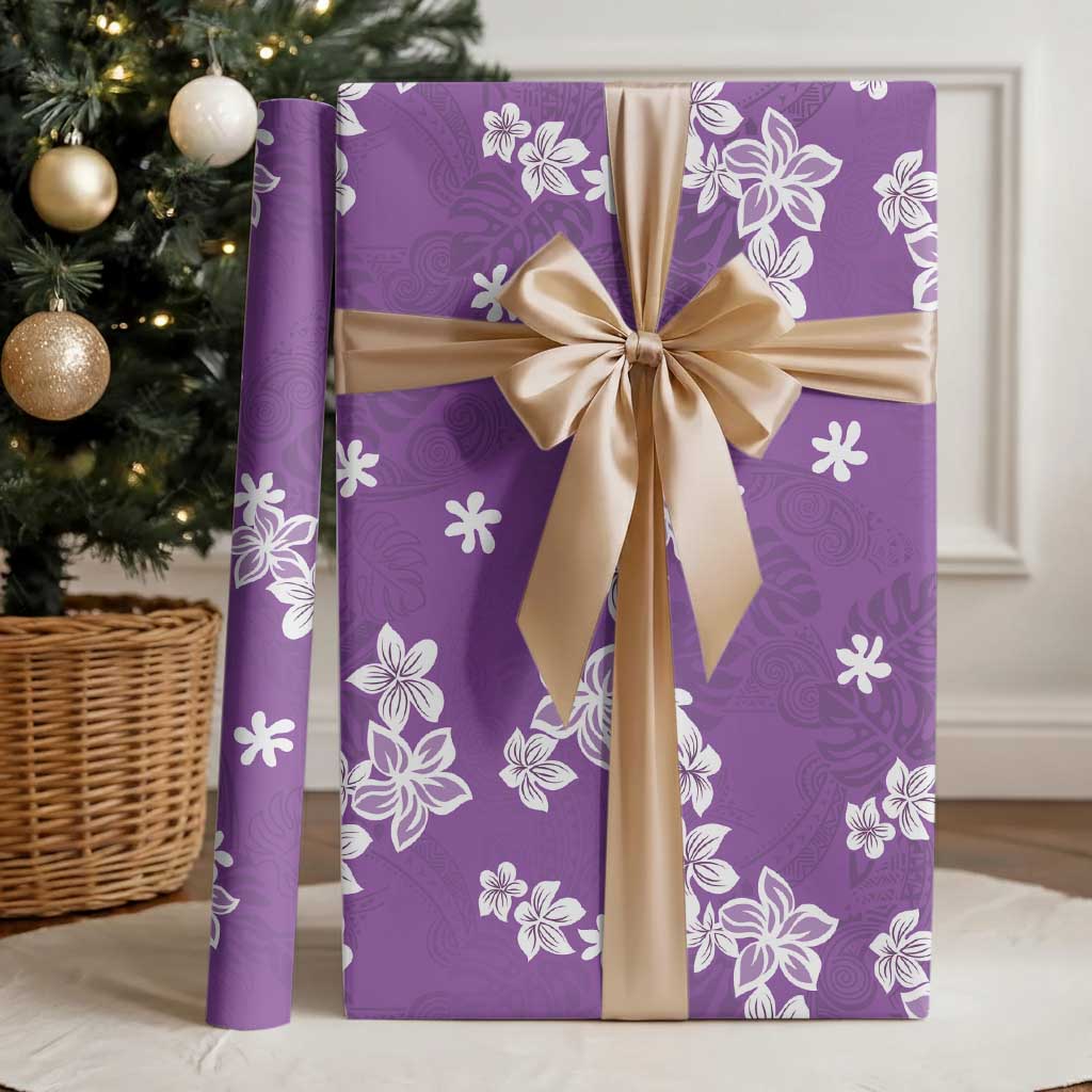 Hawaii Monstera Deliciosa Wrapping Paper Purple Plumeria Polynesian Pattern - Polynesian Pride