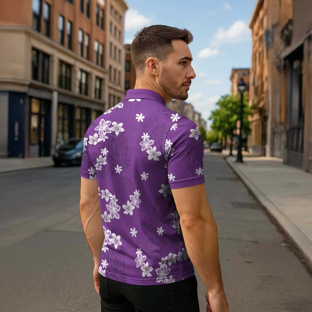 Hawaii Monstera Deliciosa Zipper Polo Shirt Purple Plumeria Polynesian Pattern - Polynesian Pride