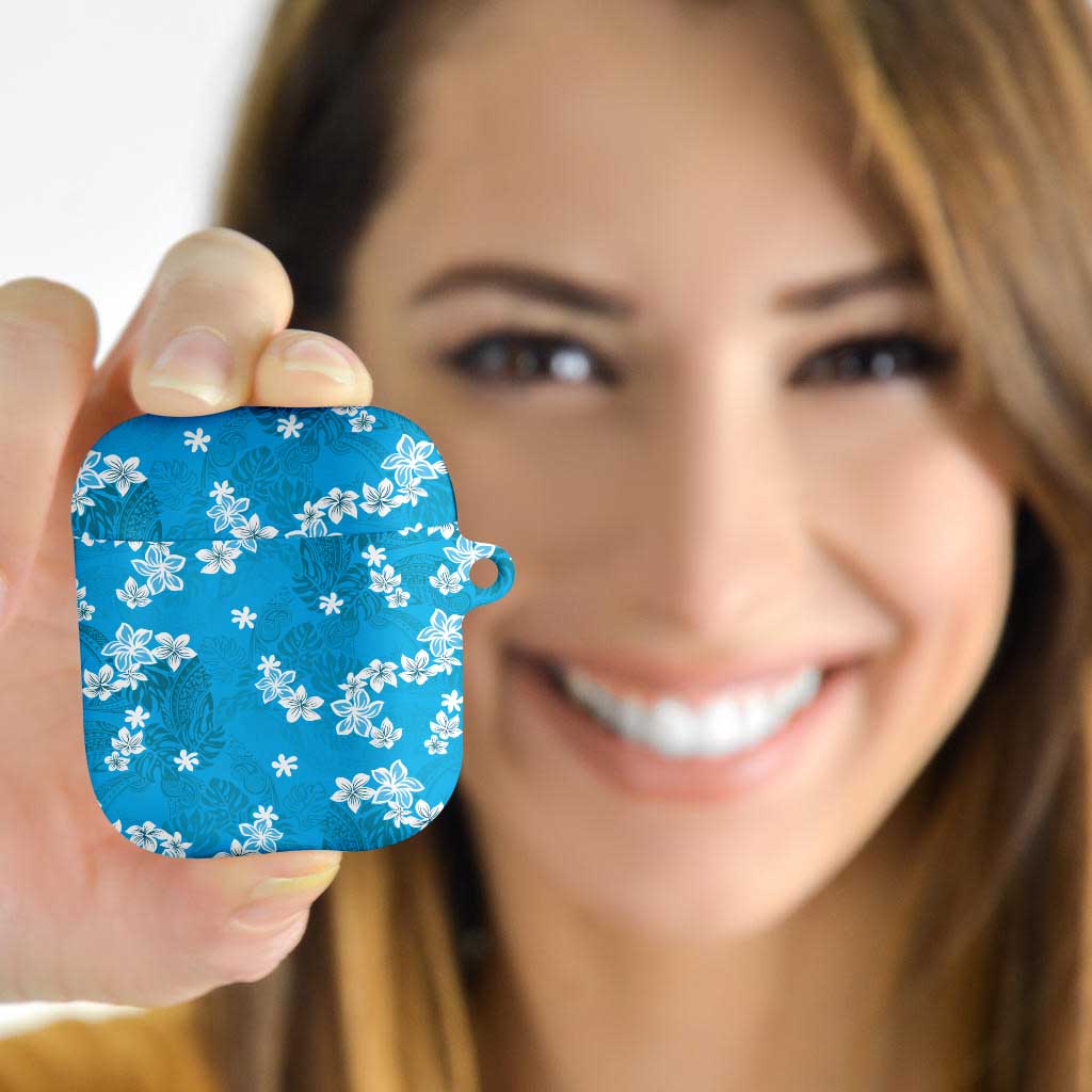 Hawaii Monstera Deliciosa AirPods Case Blue Plumeria Polynesian Pattern - Polynesian Pride