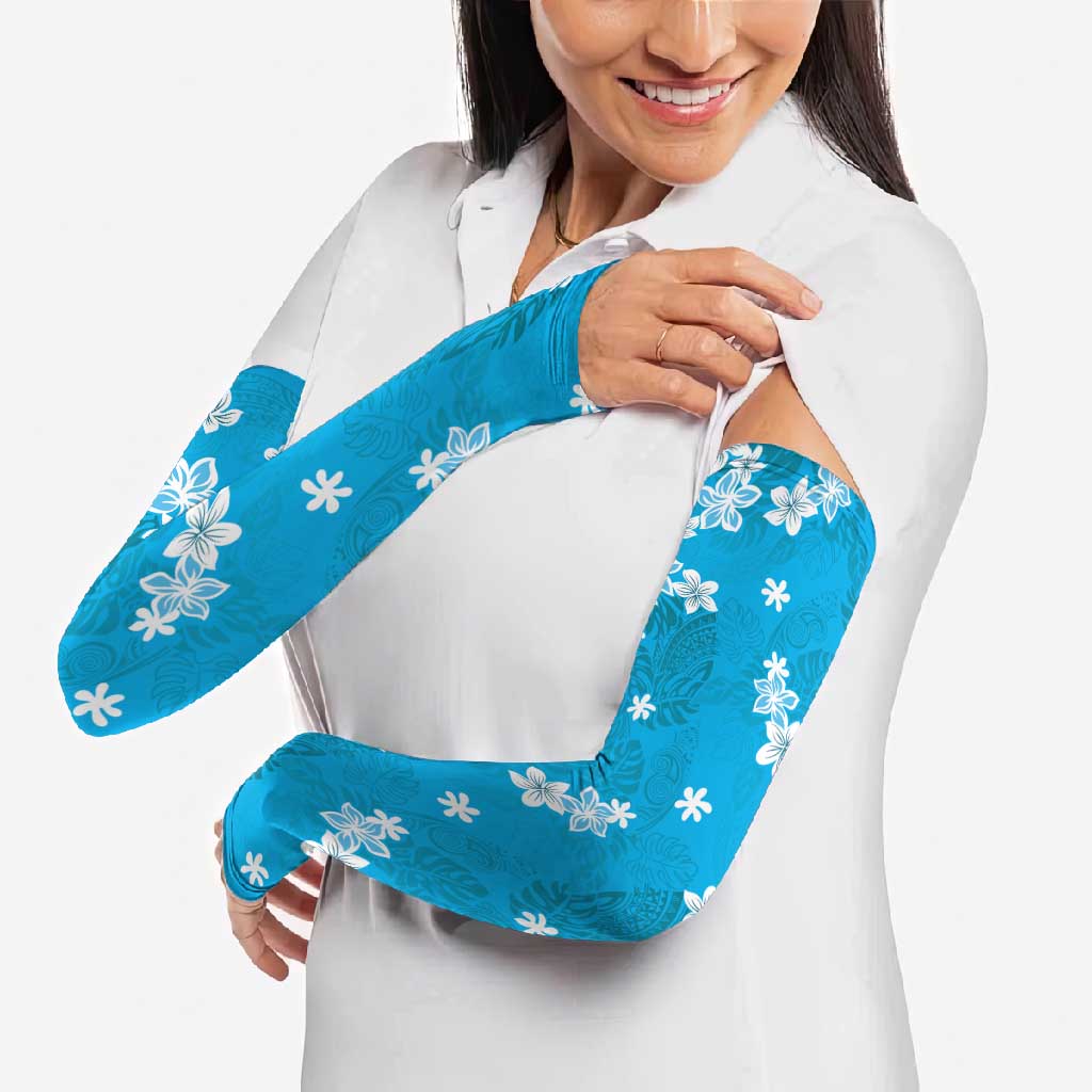 Hawaii Monstera Deliciosa Arm Sleeves Blue Plumeria Polynesian Pattern - Polynesian Pride
